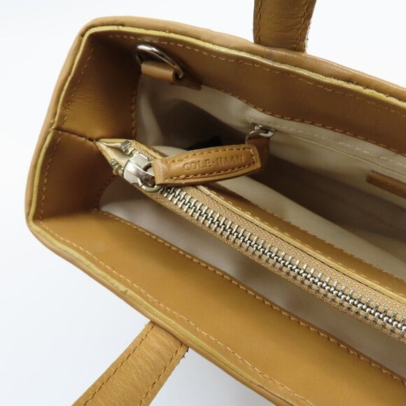 Cole Haan Basket Weave Tan Brown Genuine Leather Woven Top Handle Bag Handbag - Picture 7 of 11